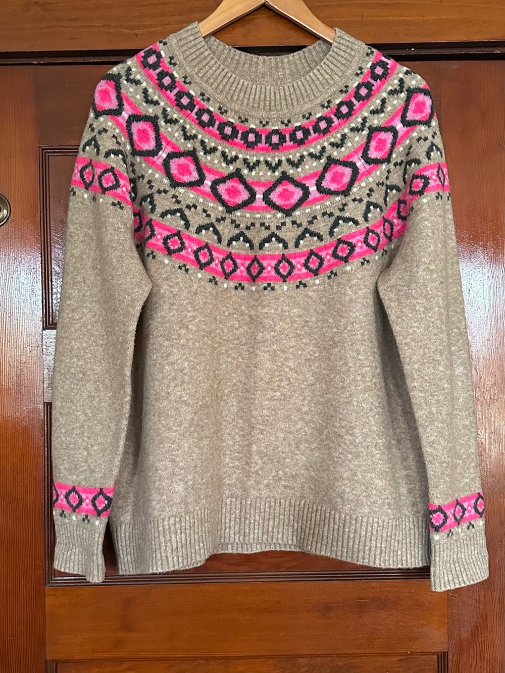 LOFT Pink Tan Fair Nordic Isle Knit Crewneck Pullover Sweater Size Large Winter